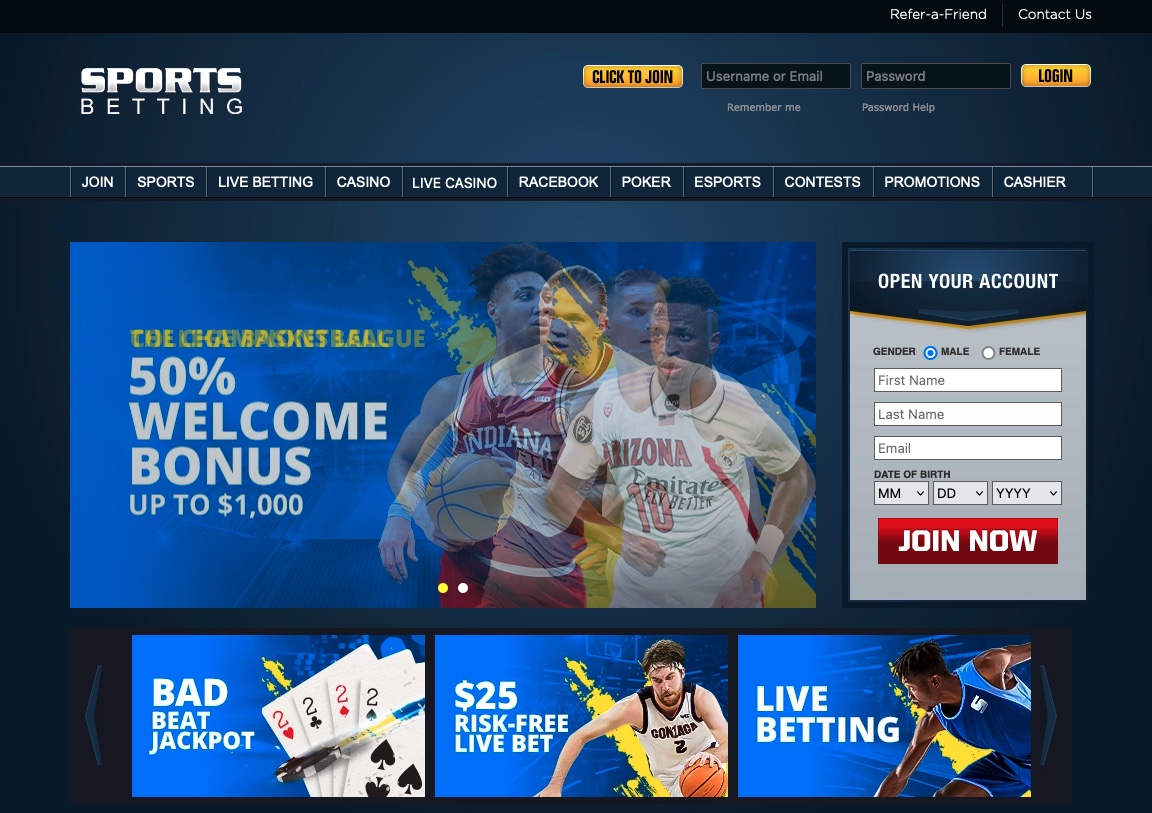 The homepage of sports betting site sportsbetting.ag