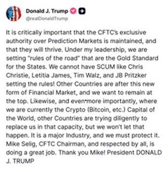 Donald Trump posts about prediciton markets and CFTC rules